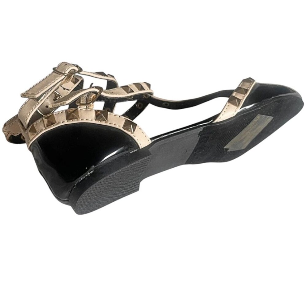 Studded Pointed Toe Punk Flats – Black Patent & Beige Triple Buckle Sandals - Picture 6 of 7